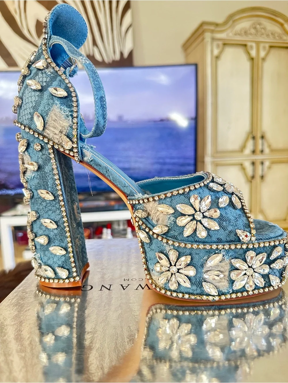 Denim Blue Crystal Floral Platform Sandals
